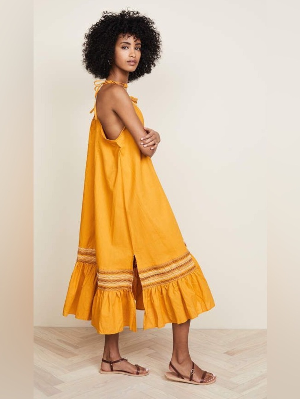 Free People Another Love Smocked Linen Cotton Blend Yellow Midi Dress